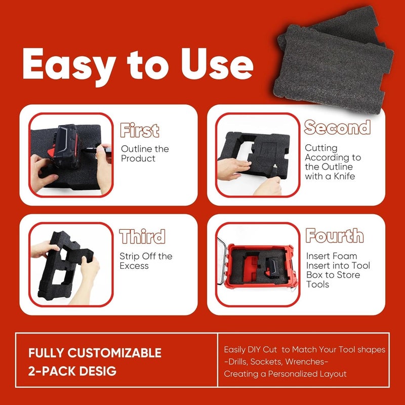 Terixe 2 Pack Foam Inserts Compatible with Milwaukee 48-22-8435 Packout Tool Box – Black Customizable Foam Inserts – DIY Cut & Organize with Impact Protection - Image 4